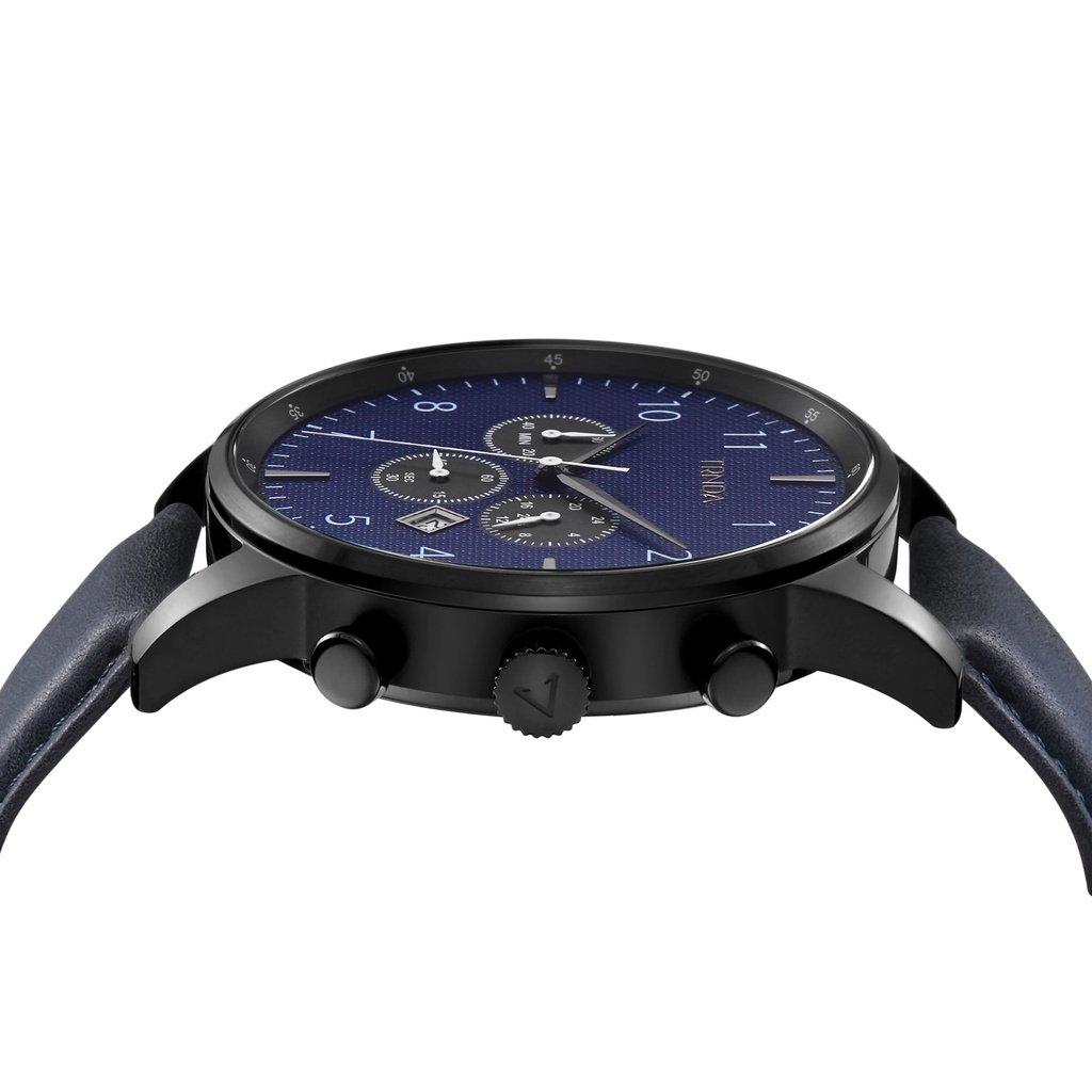 Trnda Men's Black Stainless Steel Watch, Blue Leather Band | Trn-43dbl