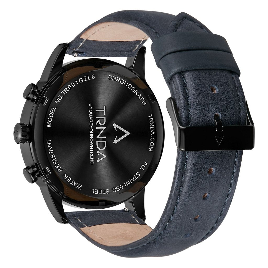 Trnda Men's Black Stainless Steel Watch, Blue Leather Band | Trn-43dbl