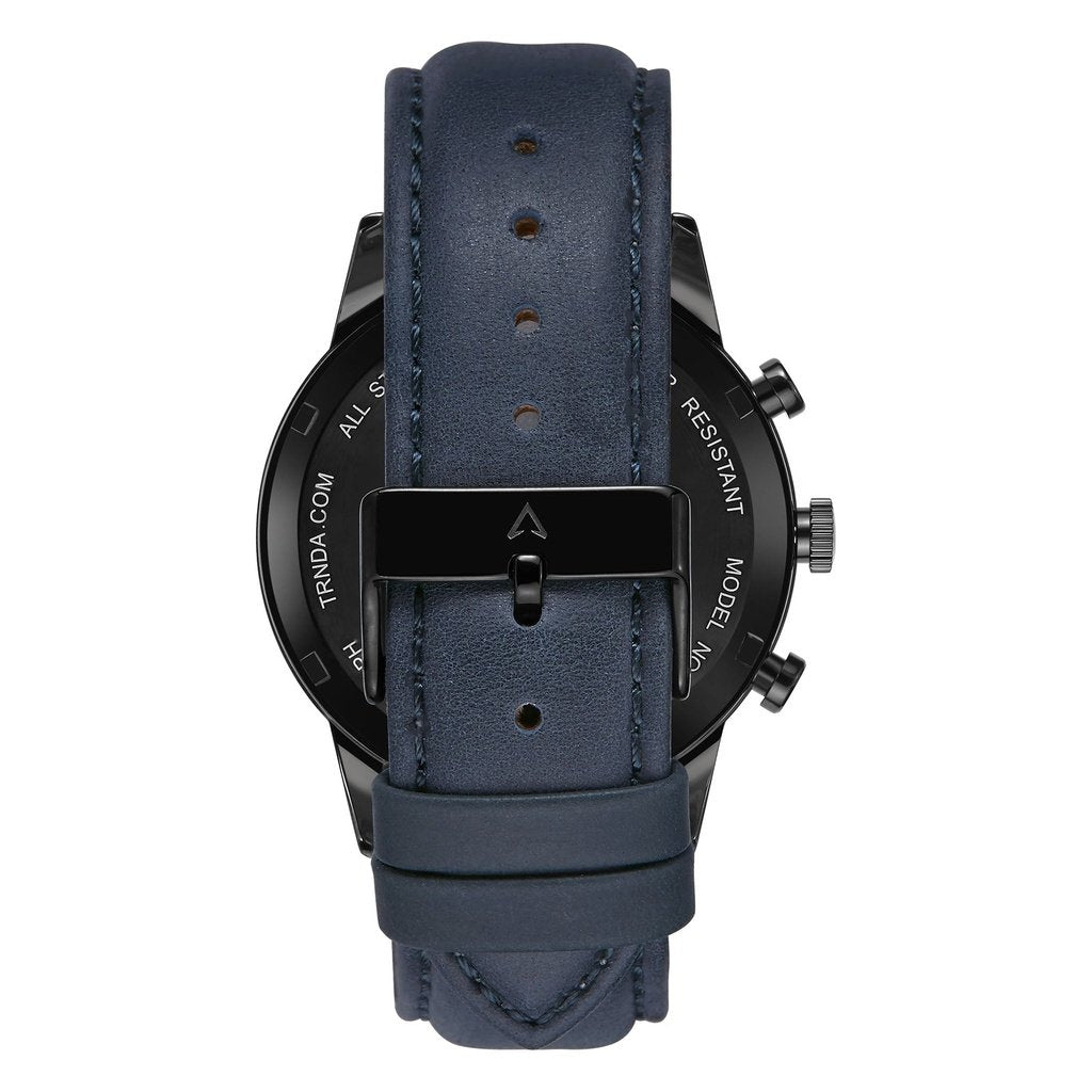 Trnda Men's Black Stainless Steel Watch, Blue Leather Band | Trn-43dbl