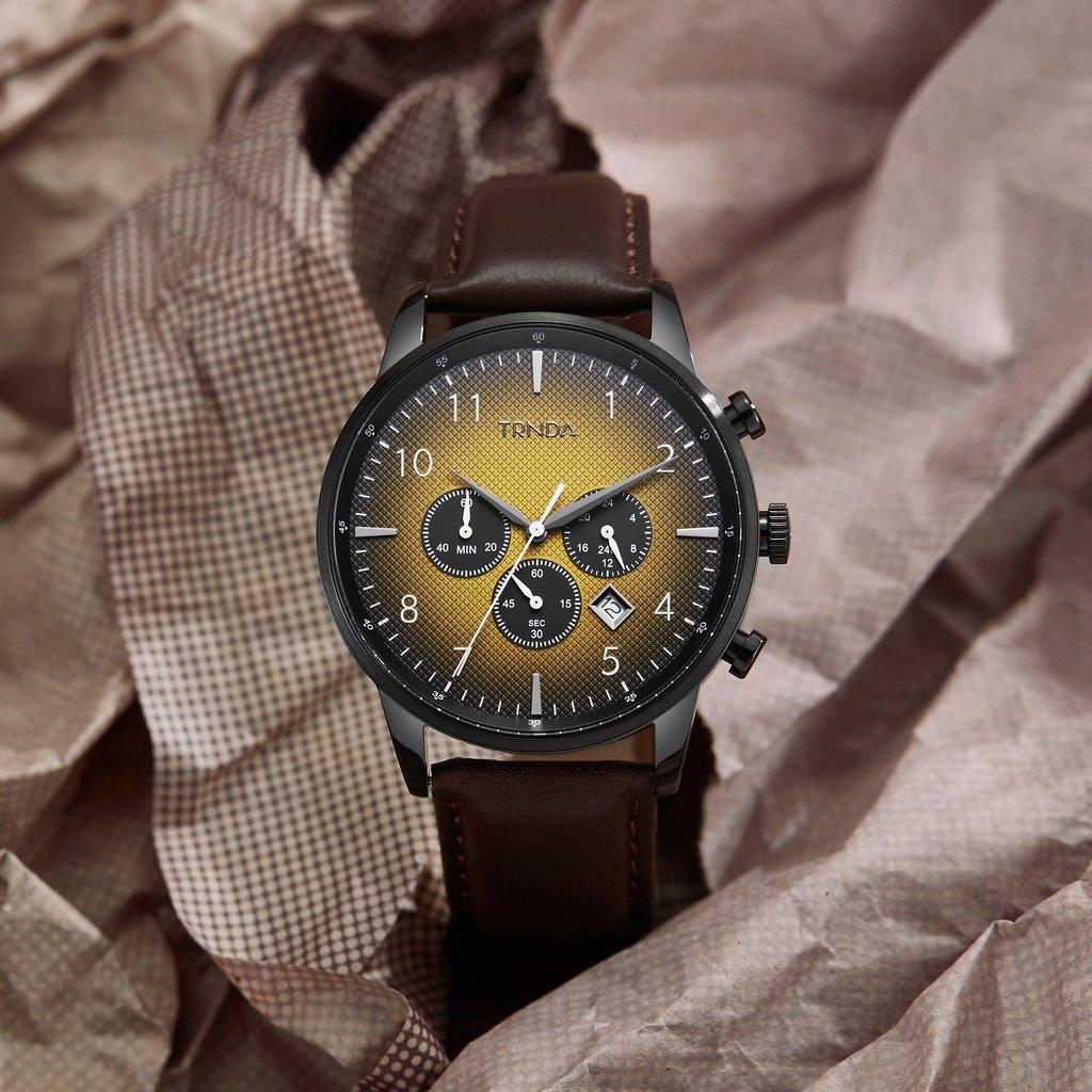 Trnda Men's Stainless Steel Watch, Brown Leather Band | Trn-D43b