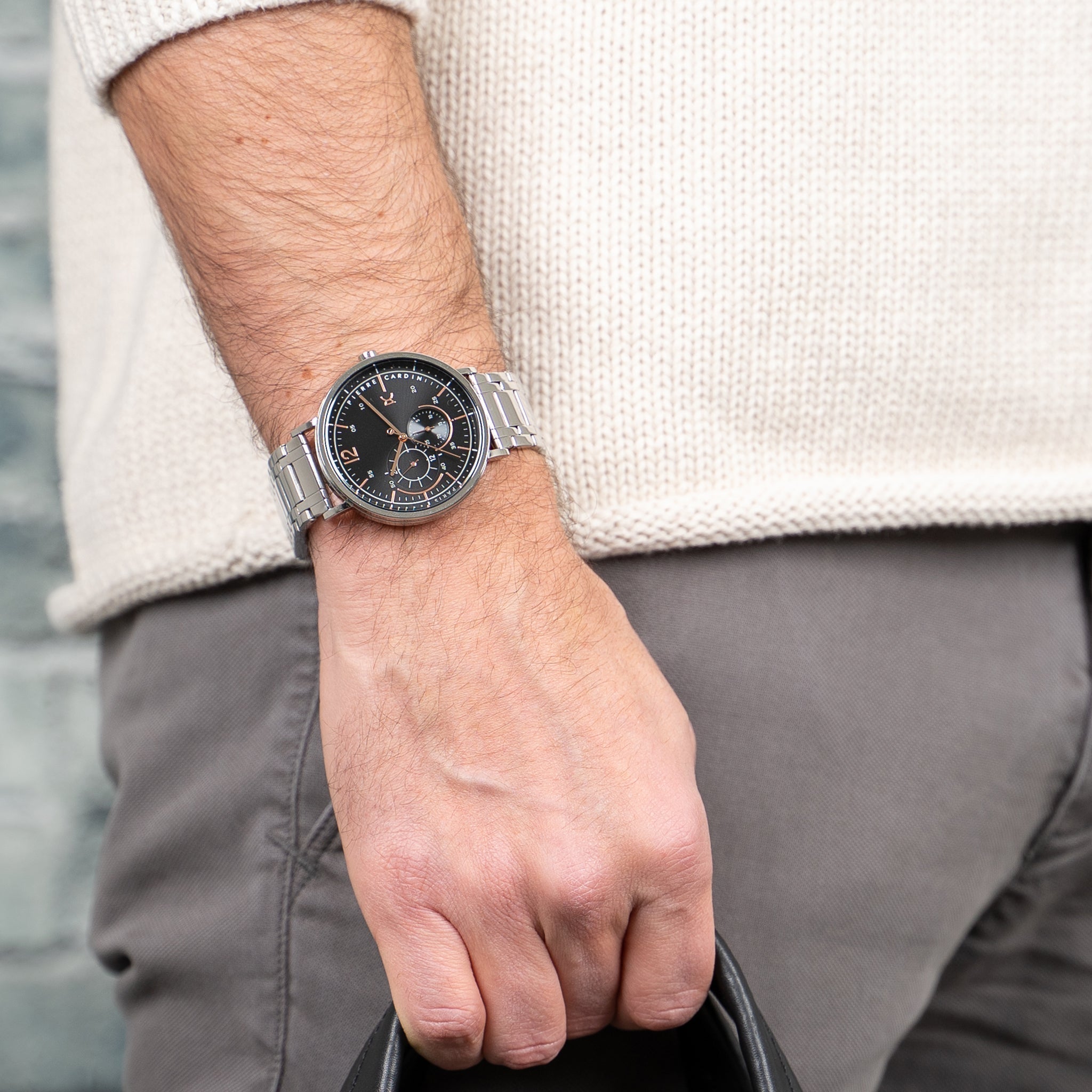 Pierre Cardin Men's Silver Stainless Steel Watch, Black Dial | Cbn.3025
